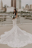 Sexy Spaghetti Strap Sleeveless Mermaid Lace Wedding Dresses with Court Train-misshow.com