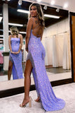 Sexy Spaghetti Straps Mermaid Sleeveless Sequined Prom Dress With Slit-misshow.com