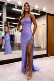Sexy Spaghetti Straps Mermaid Sleeveless Sequined Prom Dress With Slit