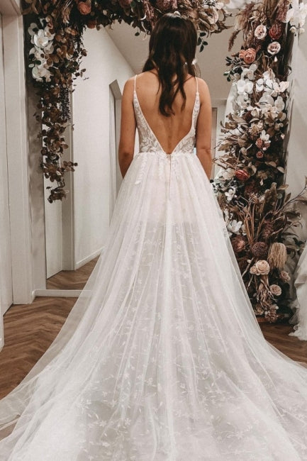 Sexy Spaghetti Straps Sleeveless A-Line Lace Wedding Dresses-misshow.com