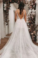 Sexy Spaghetti Straps Sleeveless A-Line Lace Wedding Dresses-misshow.com