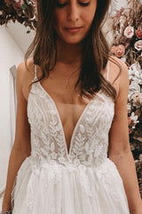 Sexy Spaghetti Straps Sleeveless A-Line Lace Wedding Dresses-misshow.com