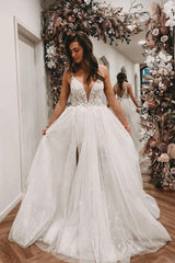 Sexy Spaghetti Straps Sleeveless A-Line Lace Wedding Dresses-misshow.com