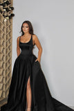 Sexy spaghetti straps sleeveless a-line satin evening dresses split front-misshow.com