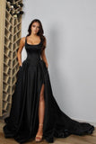 Sexy spaghetti straps sleeveless a-line satin evening dresses split front-misshow.com