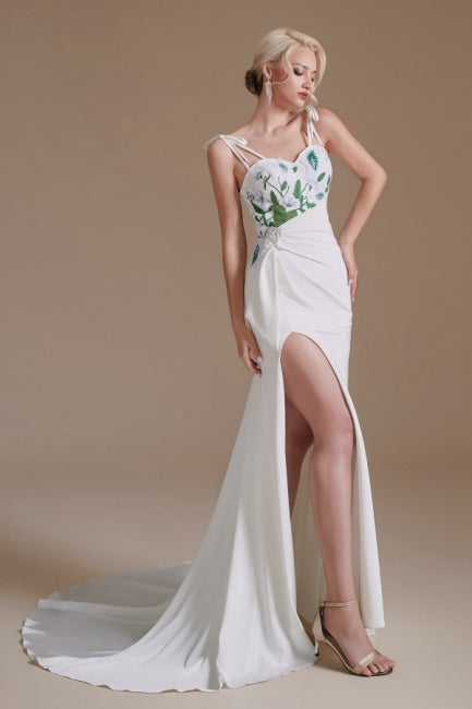 Sexy Spaghetti Straps Sleeveless Mermaid Floor-Length Satin Wedding Dresses-misshow.com