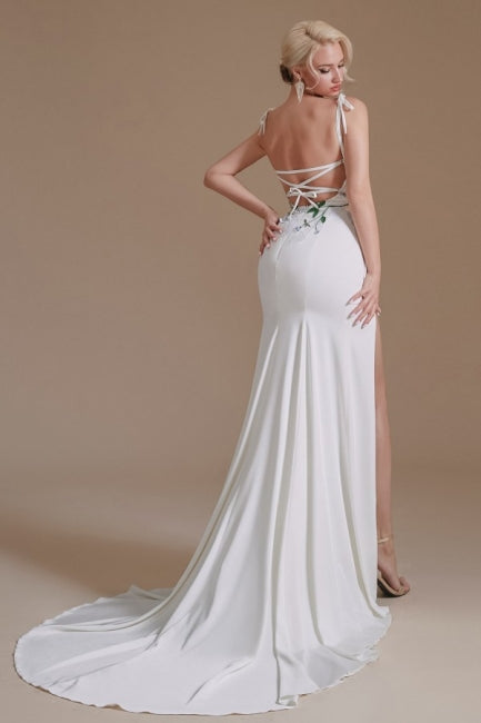 Sexy Spaghetti Straps Sleeveless Mermaid Floor-Length Satin Wedding Dresses-misshow.com