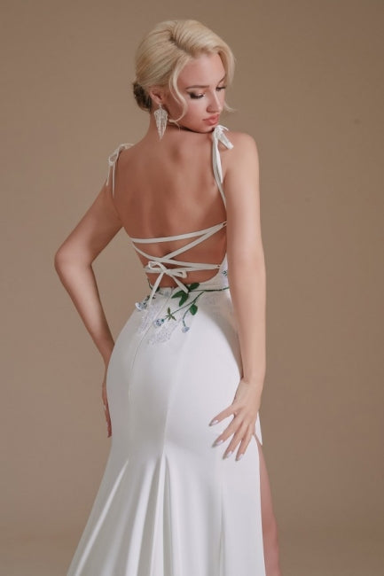 Sexy Spaghetti Straps Sleeveless Mermaid Floor-Length Satin Wedding Dresses-misshow.com