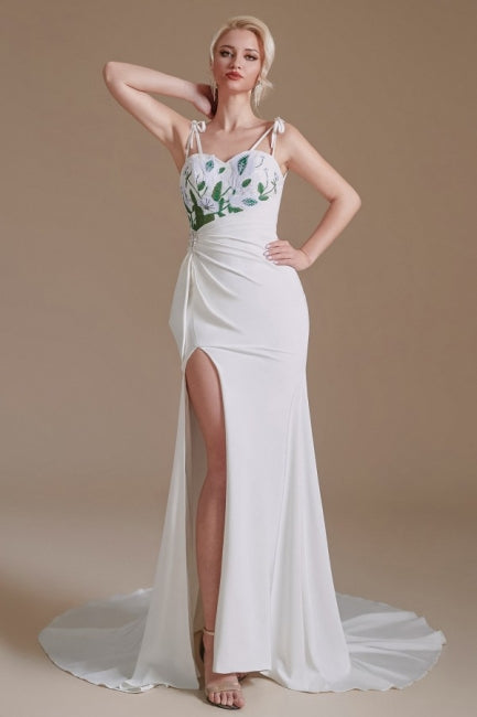 Sexy Spaghetti Straps Sleeveless Mermaid Floor-Length Satin Wedding Dresses-misshow.com