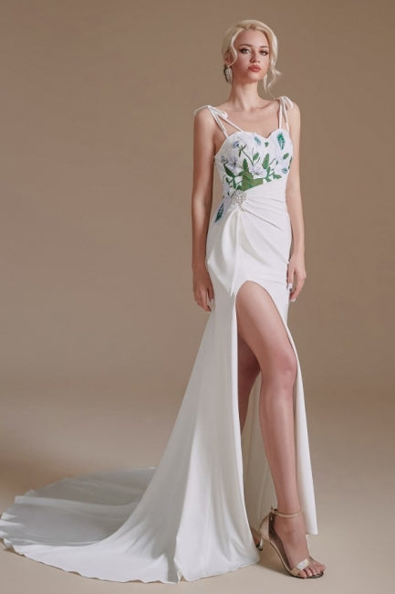 Sexy Spaghetti Straps Sleeveless Mermaid Floor-Length Satin Wedding Dresses-misshow.com