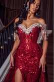 Sexy Sparkly Burgundy Off-the-shoulder Long Prom Dresses Royal Blue Evening Gowns-misshow.com
