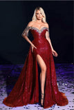 Sexy Sparkly Burgundy Off-the-shoulder Long Prom Dresses Royal Blue Evening Gowns
