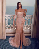 Sexy Sparkly Champagne Rose One-shoulder Side-slit Mermaid Long Prom Dresses-misshow.com