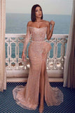 Sexy Sparkly Champagne Rose One-shoulder Side-slit Mermaid Long Prom Dresses