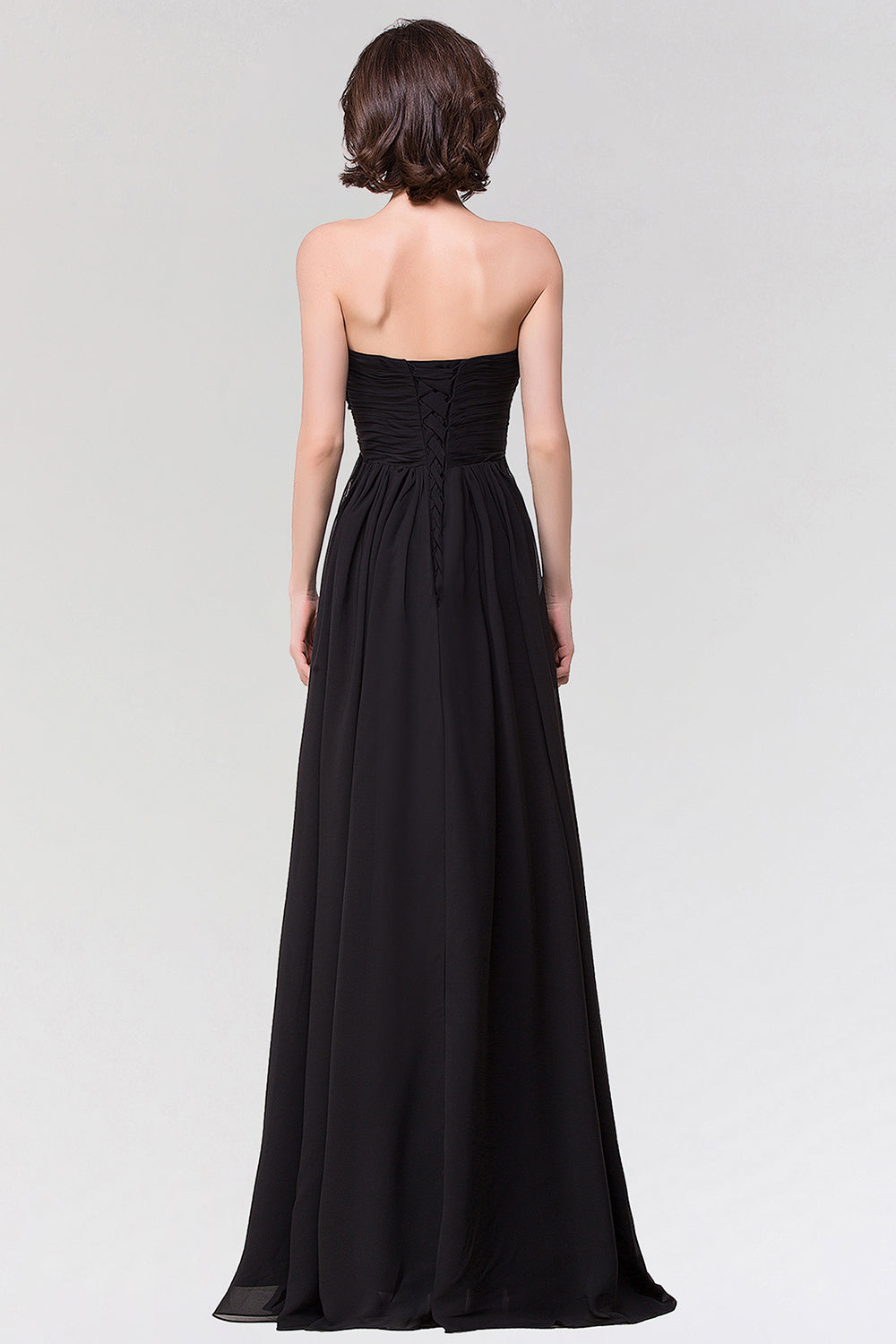 Sexy Strapless Sweetheart Long Black Chiffon Bridesmaid Dresses with Ruffles