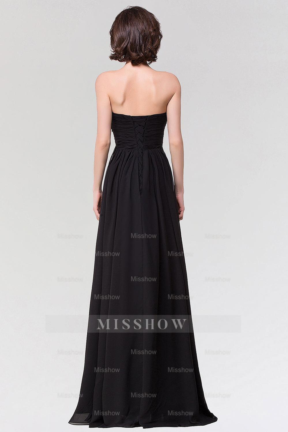 Sexy Strapless Sweetheart Long Black Chiffon Bridesmaid Dresses with R –