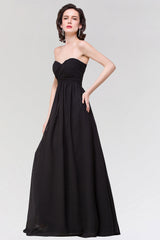 Sexy Strapless Sweetheart Long Black Chiffon Bridesmaid Dresses with Ruffles