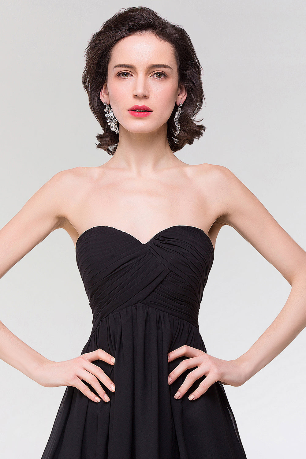 Sexy Strapless Sweetheart Long Black Chiffon Bridesmaid Dresses with Ruffles