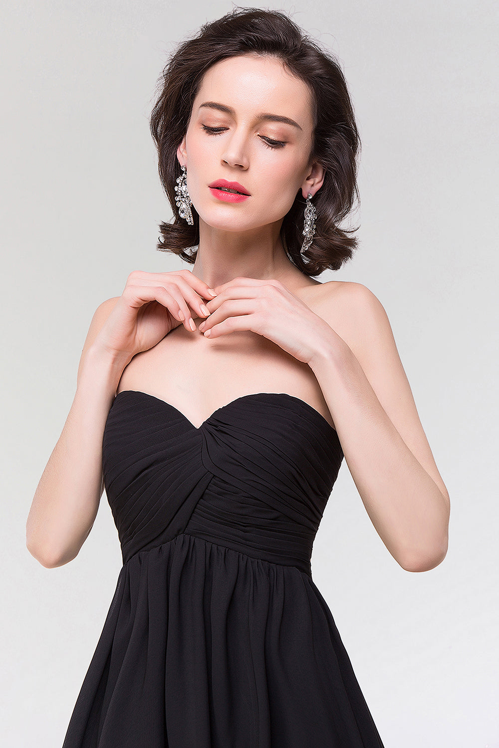 Sexy Strapless Sweetheart Long Black Chiffon Bridesmaid Dresses with Ruffles