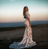 Sexy V-neck Mermaid Lace Wedding dresses with Sleeves-misshow.com