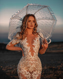 Sexy V-neck Mermaid Lace Wedding dresses with Sleeves-misshow.com