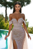 Sexy V-neck Off-the-shoulder Beading Sleeveless Mermaid Prom Dress With Slit-misshow.com