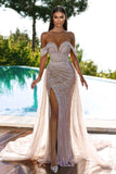 Sexy V-neck Off-the-shoulder Beading Sleeveless Mermaid Prom Dress With Slit