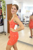 Sexy V-neck Orange Backless Sequined Sleeveless Homecoming Dress With Lace-misshow.com
