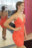 Sexy V-neck Orange Backless Sequined Sleeveless Homecoming Dress With Lace-misshow.com
