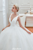 MISSHOW offers Sexy V-Neck Sleeveless Princess Spring Wedding Dress, White Low Back Bridal Gowns with Belt at a good price from White,Ivory,Satin,Tulle to A-line,Ball Gown,Princess Floor-length them. Stunning yet affordable Sleeveless .