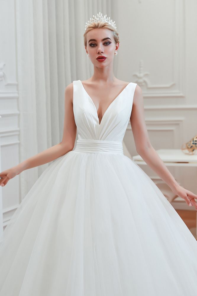 MISSHOW offers Sexy V-Neck Sleeveless Princess Spring Wedding Dress, White Low Back Bridal Gowns with Belt at a good price from White,Ivory,Satin,Tulle to A-line,Ball Gown,Princess Floor-length them. Stunning yet affordable Sleeveless .