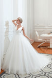 Sexy V-Neck Sleeveless Princess Spring Wedding Dress | White Low Back Bridal Gowns with Belt