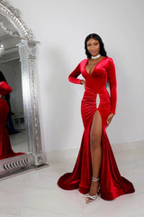 Sexy V-neck Split Front Long Mermaid Prom Dress With Long Sleeves-misshow.com