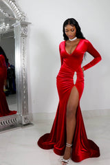 Sexy V-neck Split Front Long Mermaid Prom Dress With Long Sleeves-misshow.com