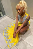 Sexy Yellow Jewel Floor Length Lace Sleeveless Mermaid Prom Dress With Slit