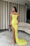 Sexy Yellow Off-the-shoulder Long Prom Dress With Slit-misshow.com