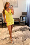 Sexy Yellow V-neck Sleeveless Sequined Backless Homecoming Dress With Lace-misshow.com