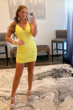 Sexy Yellow V-neck Sleeveless Sequined Backless Homecoming Dress With Lace
