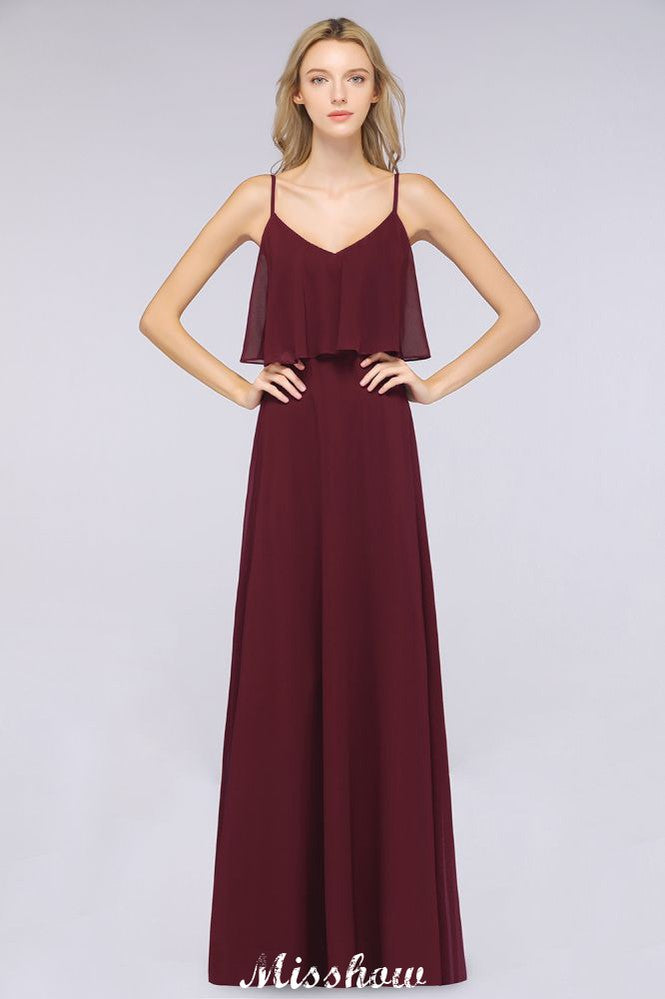 Shapghetti Burgundy Bridesmaid Dress Backless Chiffon Wedding Guest Dress-misshow.com