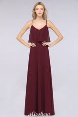Shapghetti Burgundy Bridesmaid Dress Backless Chiffon Wedding Guest Dress-misshow.com