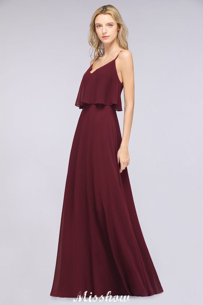 Shapghetti Burgundy Bridesmaid Dress Backless Chiffon Wedding Guest Dress | MISSHOW Shapghetti Burgundy Bridesmaid Dress Backless Chiffon Wedding Guest Dress | MISSHOW
