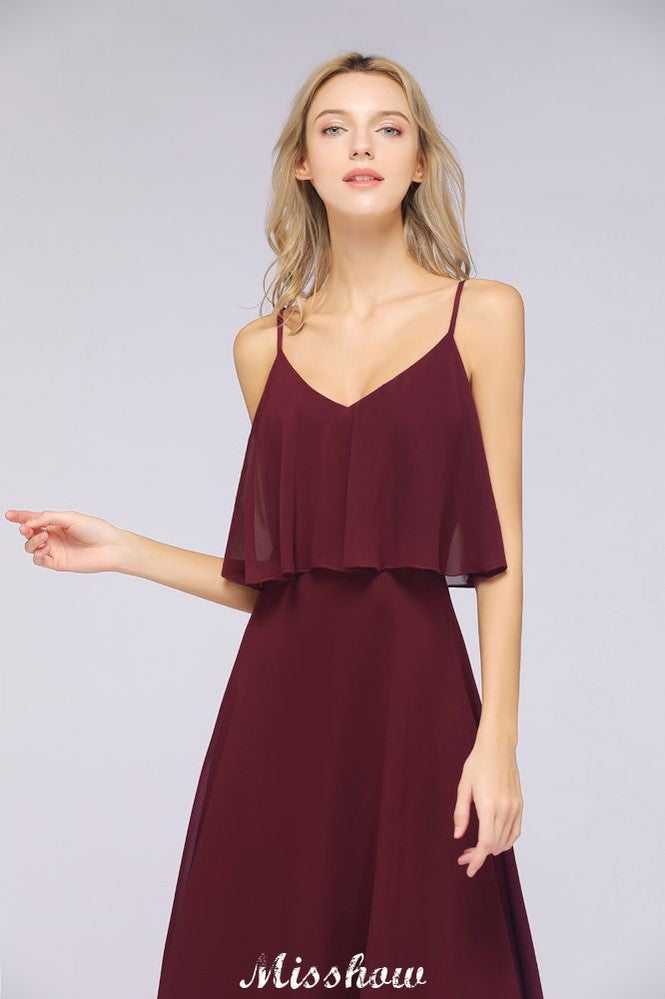 Shapghetti Burgundy Bridesmaid Dress Backless Chiffon Wedding Guest Dress-misshow.com