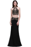 Sheath Crystal Halter Black Two Pieces Prom Dresses