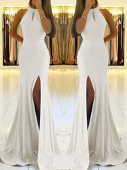 Sheath Halter Sleeveless With Ruffles Stretch Crepe Prom Dresses