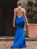 Sheath/Column Elastic Woven Silk like Satin Ruched Sleeveless V-neck Prom Dresses