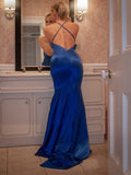 Sheath/Column Elastic Woven Silk like Satin Ruched Sleeveless V-neck Prom Dresses