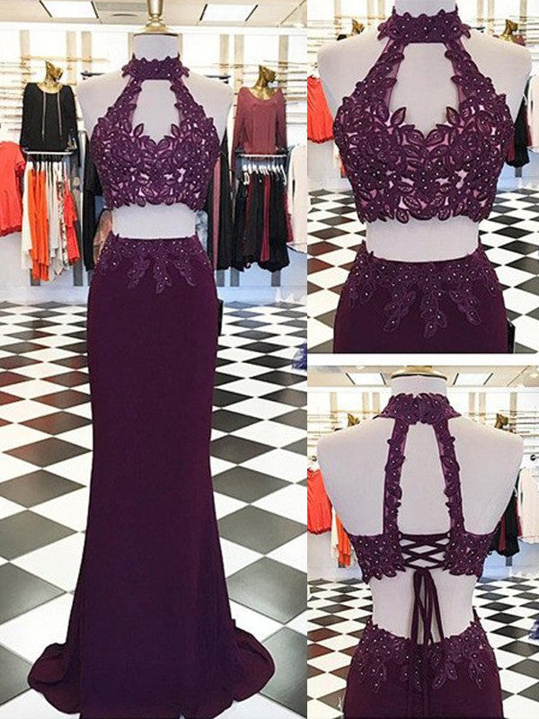 Sheath/Column Halter Applique Floor-Length Sleeveless Spandex Two Piece Prom Dresses