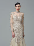 Sheath/Column High Neck Applique Long Sleeves Long Net Prom Dresses