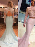 Sheath/Column Long Sleeves Lace High Neck Satin Two Piece Prom Dresses-misshow.com