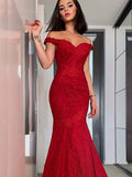 Sheath/Column Off-the-Shoulder Sleeveless Lace Ruffles Prom Dresses